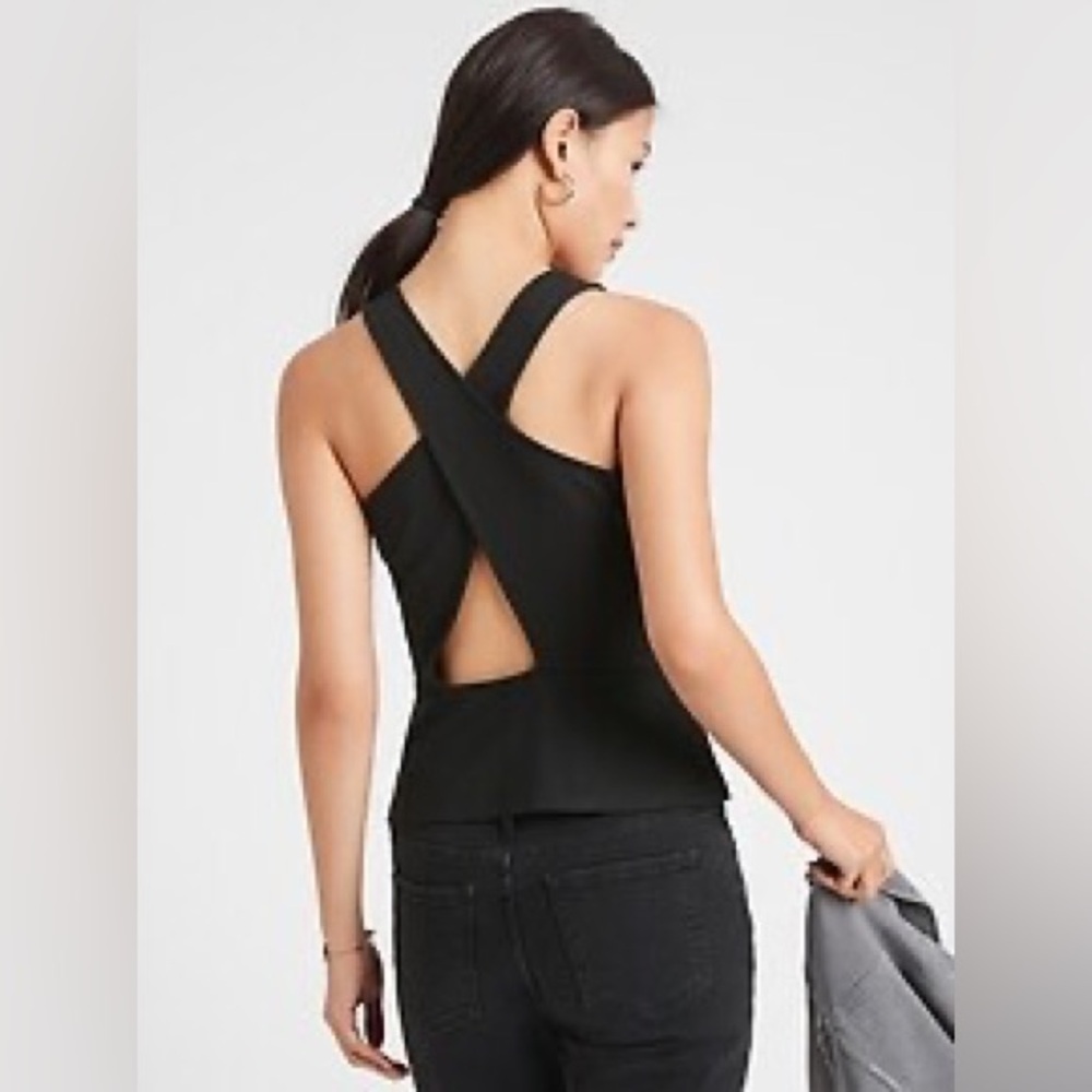 Banana Republic Black Peplum Top with Criss-Cross Open Back Size Medium